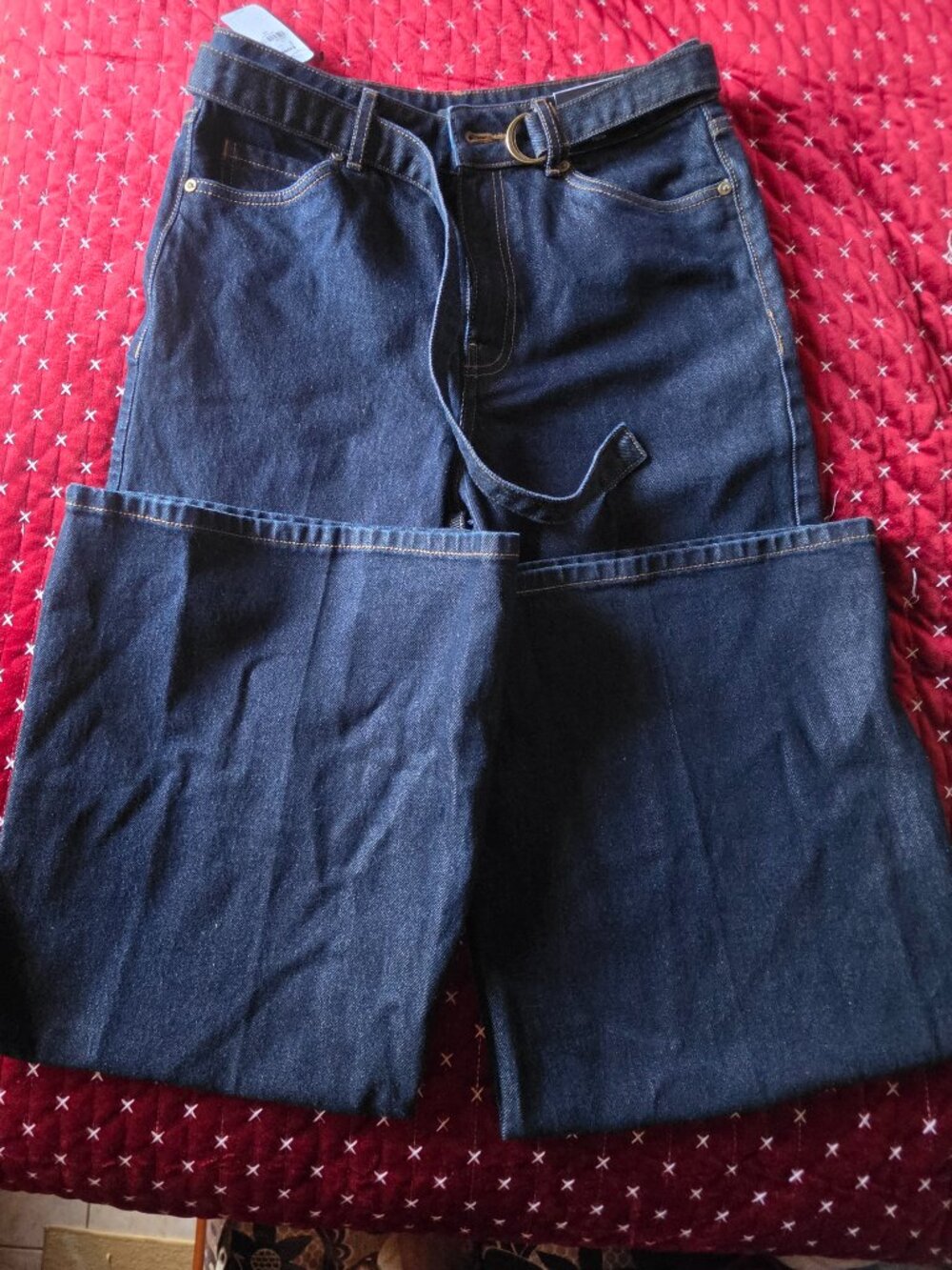 Express High Waisted Dark Wash Rinse Belted Wide Leg Jeans